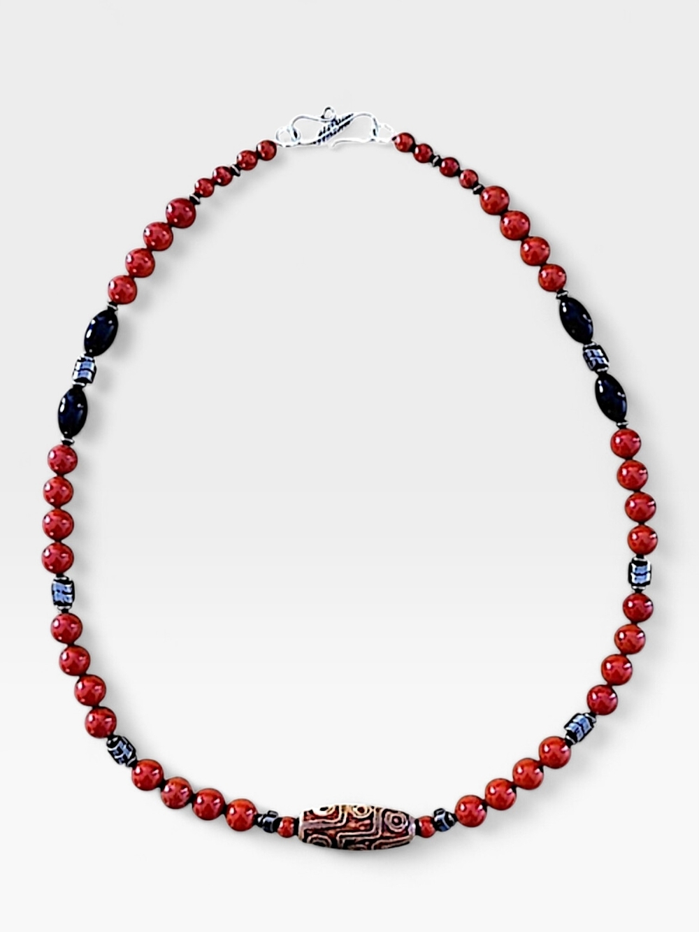 Hand Crafted Tibetan Agate Jasper Onyx and Hematite Beaded Necklace